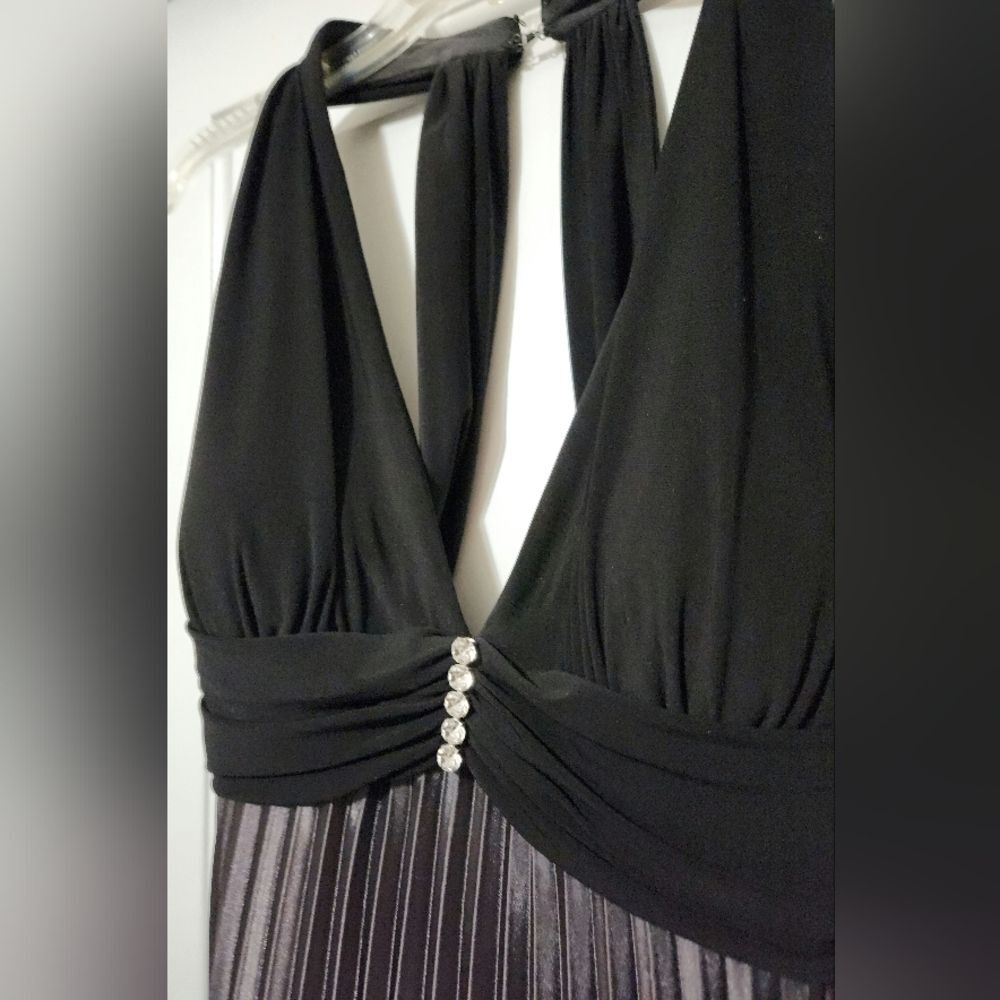 Betsy & Adam Black Halter Backless Evening Dress with Rhinestone Accent
